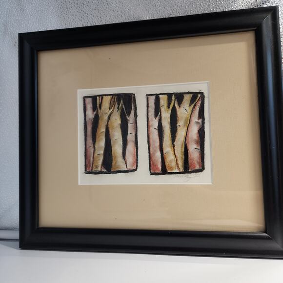 Abstract Tree Trunk Woods Drawing Etched Art MCM Signed Dated Matted Framed - Picture 2 of 11